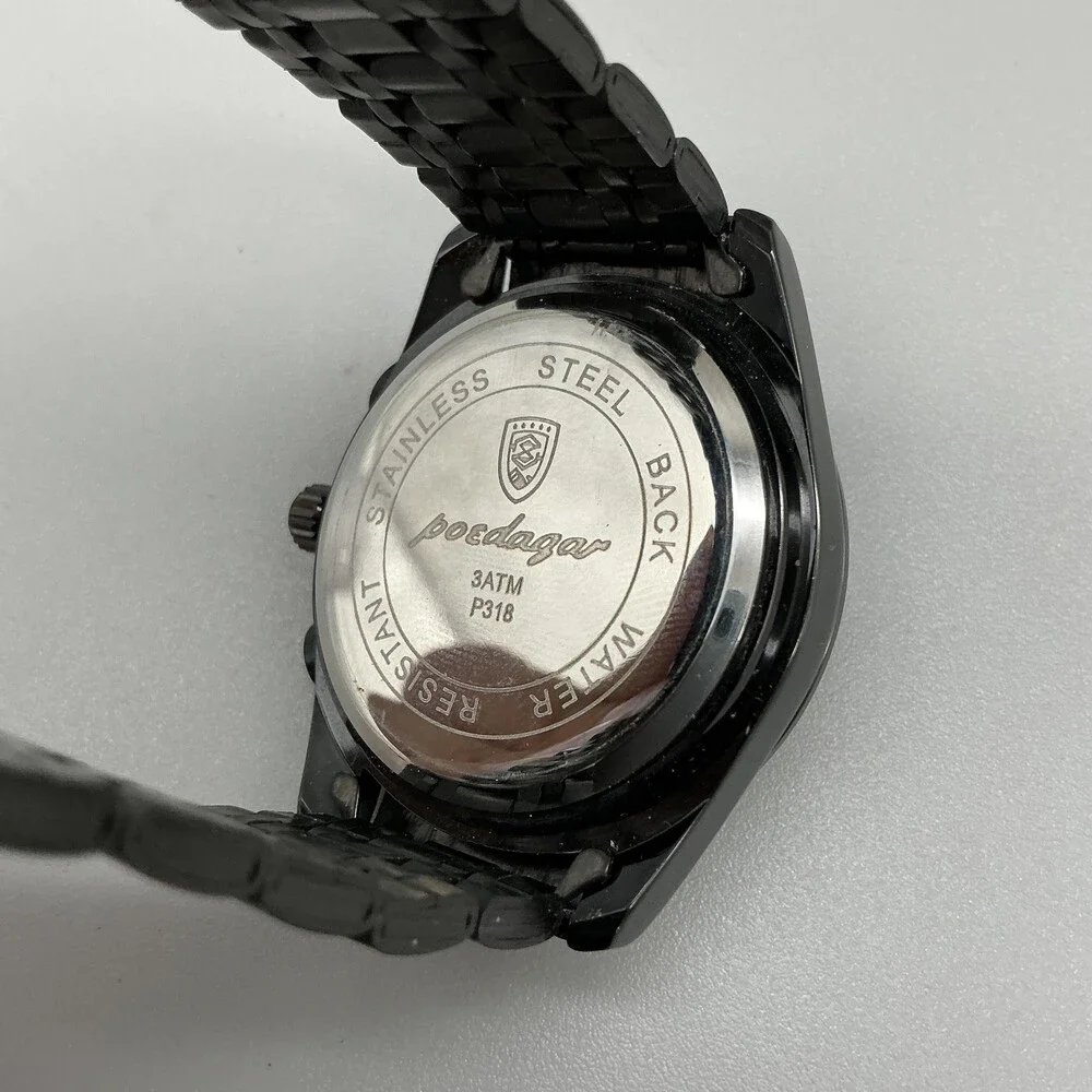 Poedagar Mens Watch 40mm Blue Dial Black Stainless Faux Chrono P318 7.75